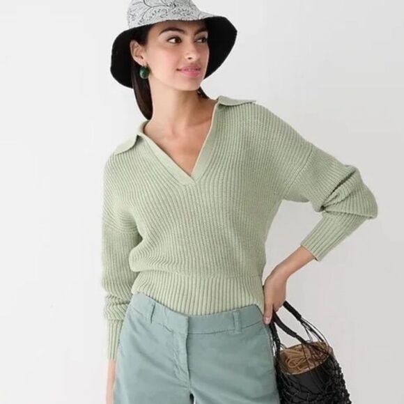 J. Crew 100% Cotton Sweater light Green Ribbed Deep V Collared Polo XL - Picture 1 of 8